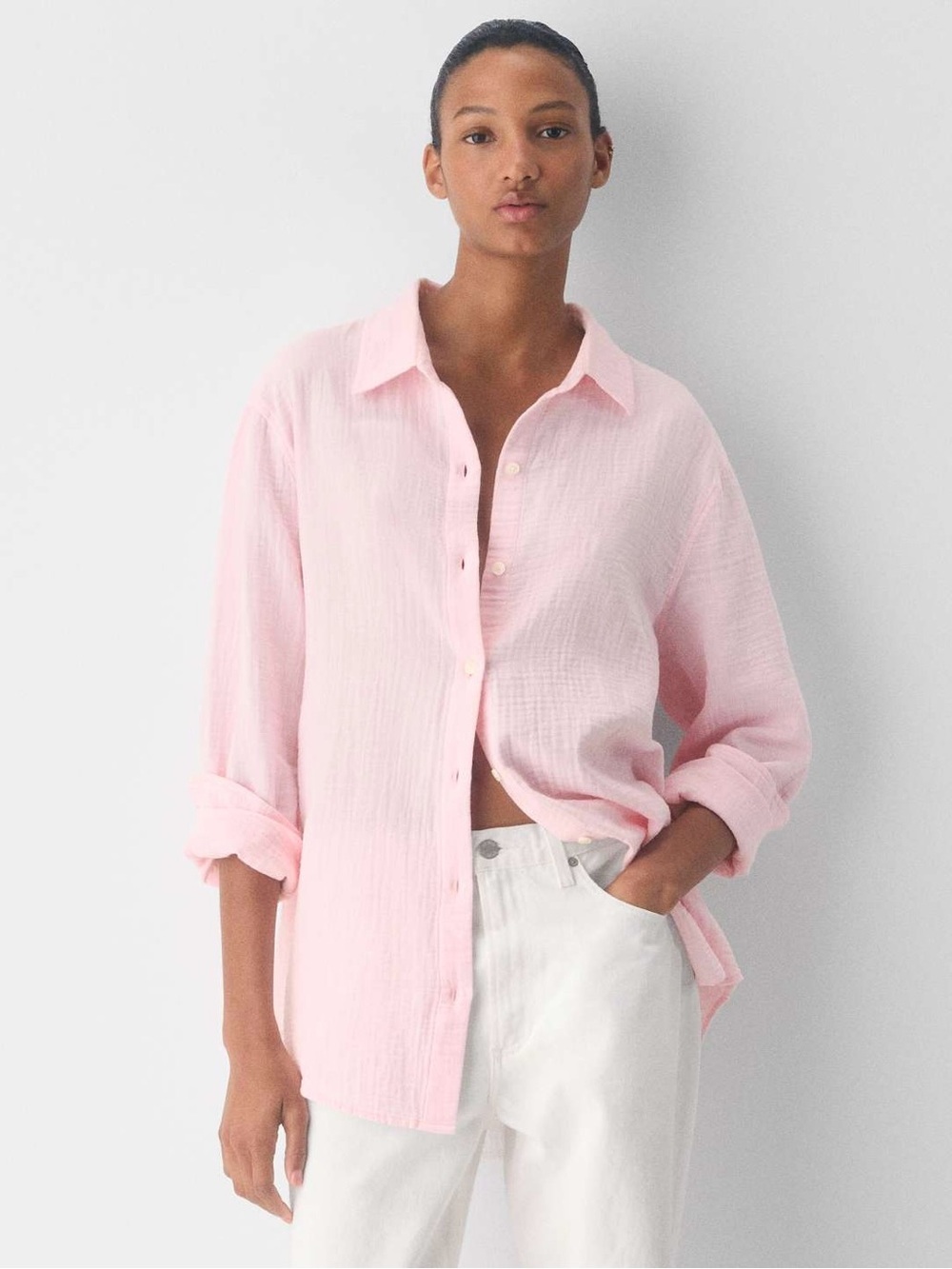 Aritzia Little Moon Villa Pink Cotton Gauze Button Down Shirt XXS NWT